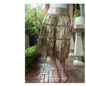 New York & Company Foil Leopard Print Skirt XXL Gold Metallic Tiered Ruffle